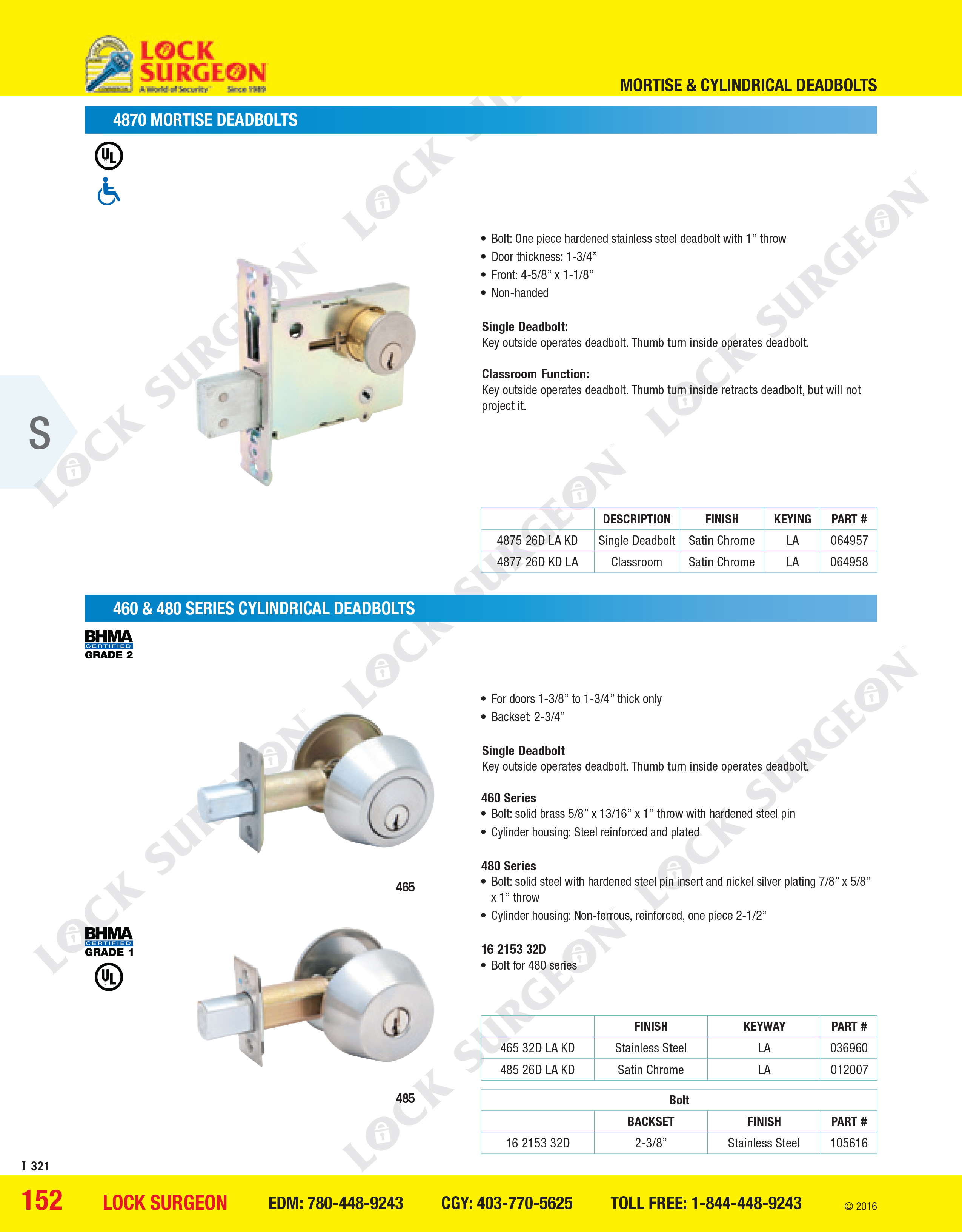 Sargent 4870 mortise deadbolt and 460-480 series cylinder deadbolt Calgary.